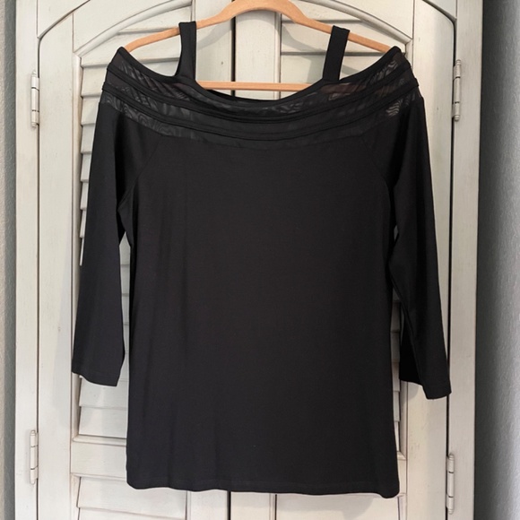 Cable and Gauge Cold Shoulder 3/4 Length Sleeve Top Mesh Neckline Black - Picture 3 of 14